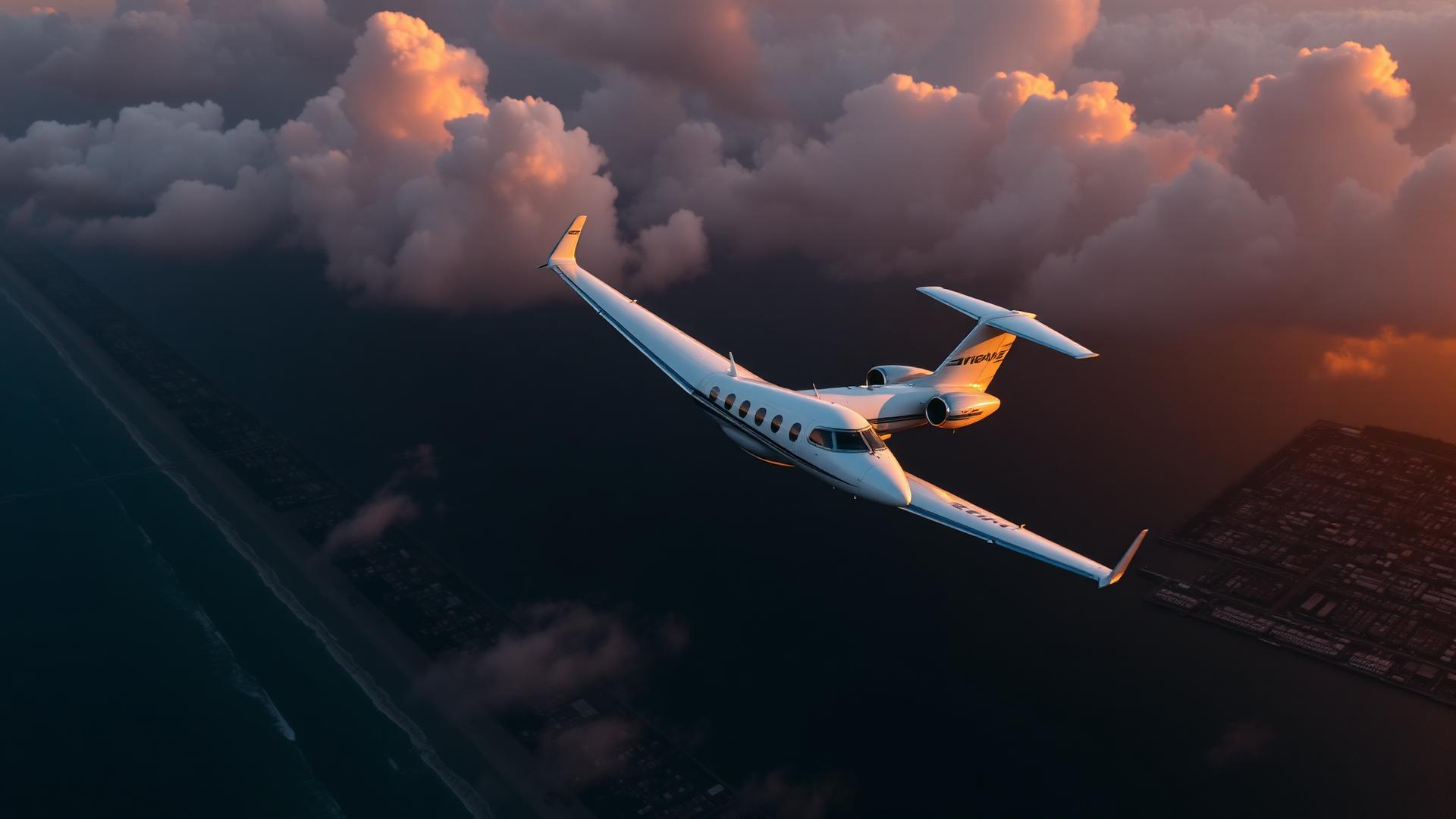 Private jet flying over the Miami coastline at sunset